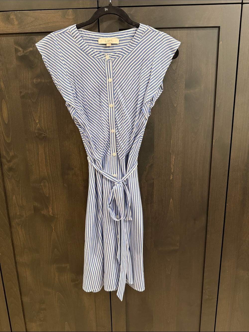 LOFT Blue and White Striped Tie-Waist Midi Dress